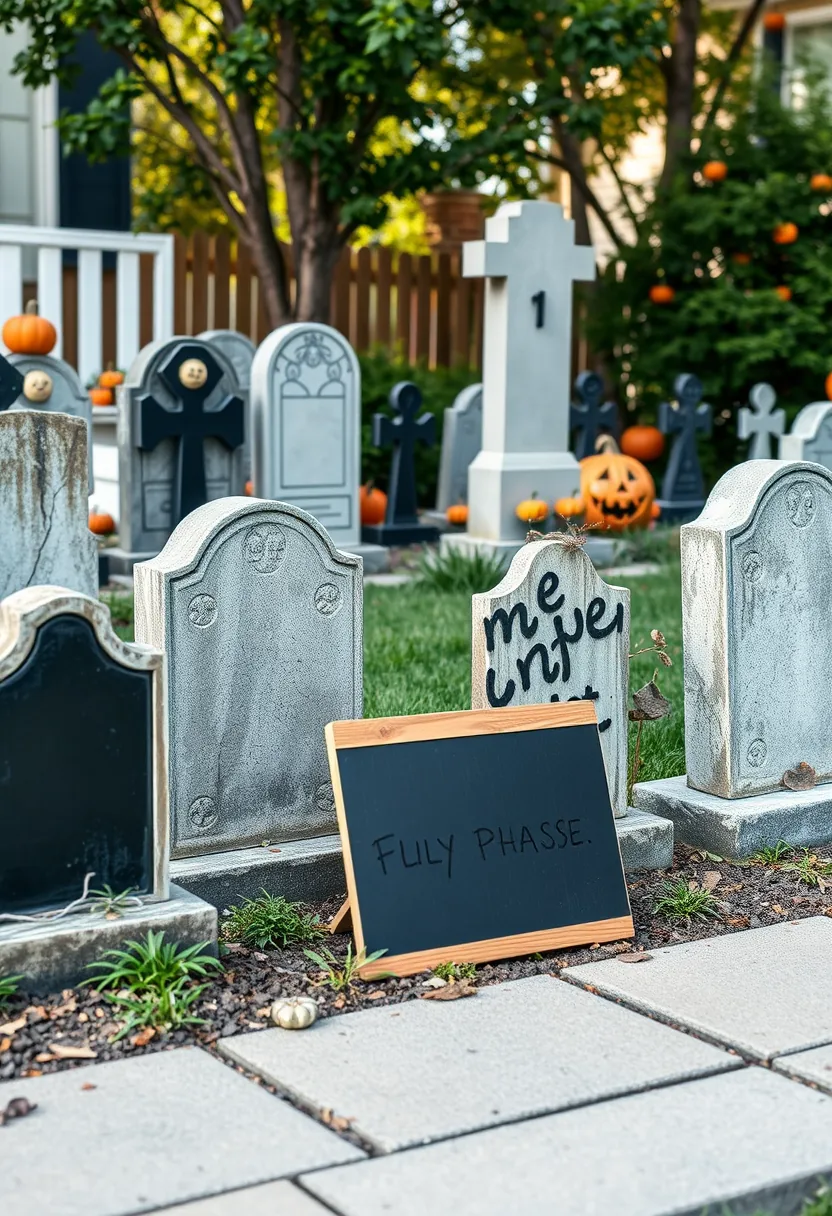 Outdoor halloween graveyard tombstone decor with humorous wooden sign among stone graves and pumpkins