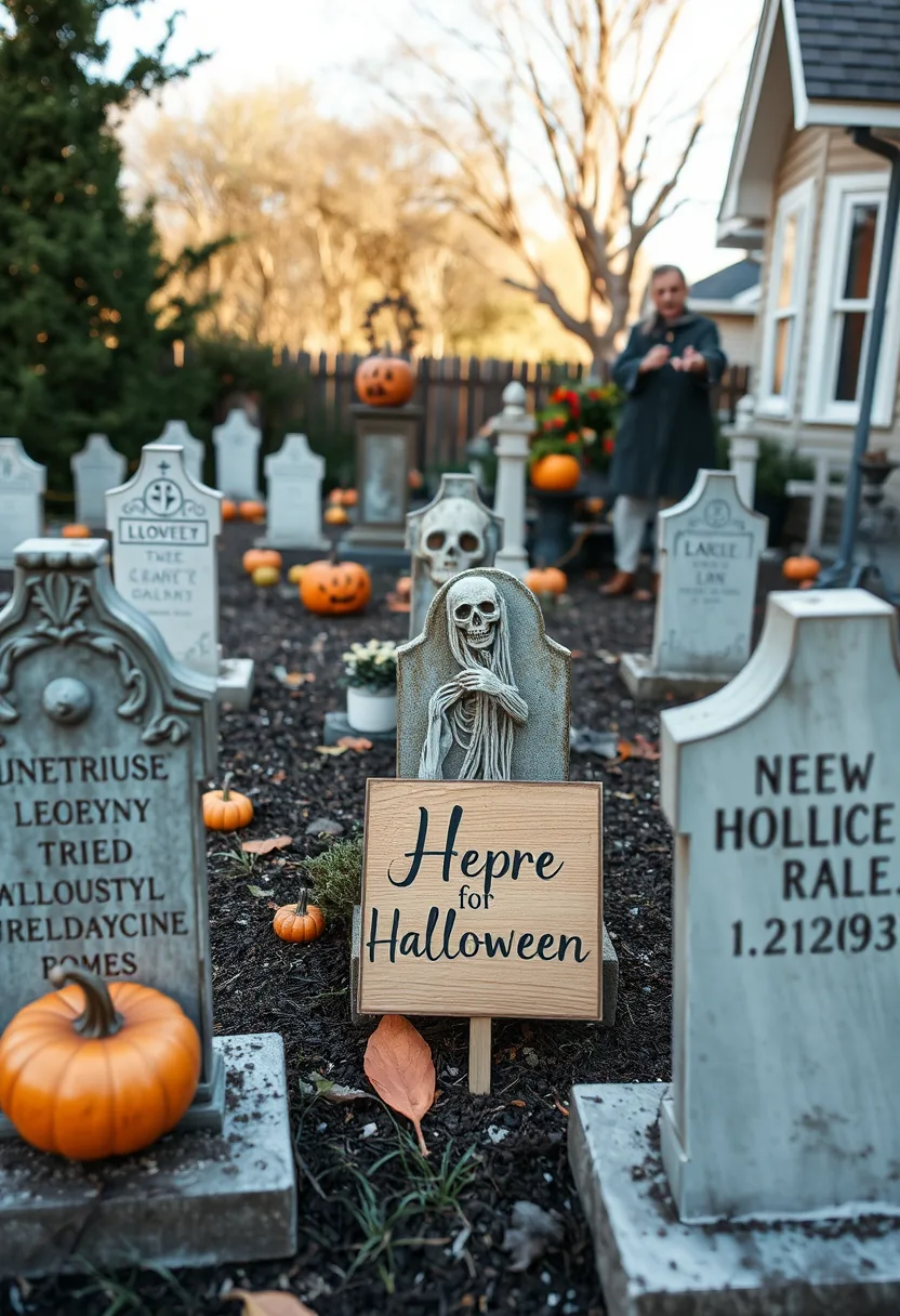 Freshly buried wooden sign in outdoor halloween graveyard tombstone decor with orange pumpkins and stone skull