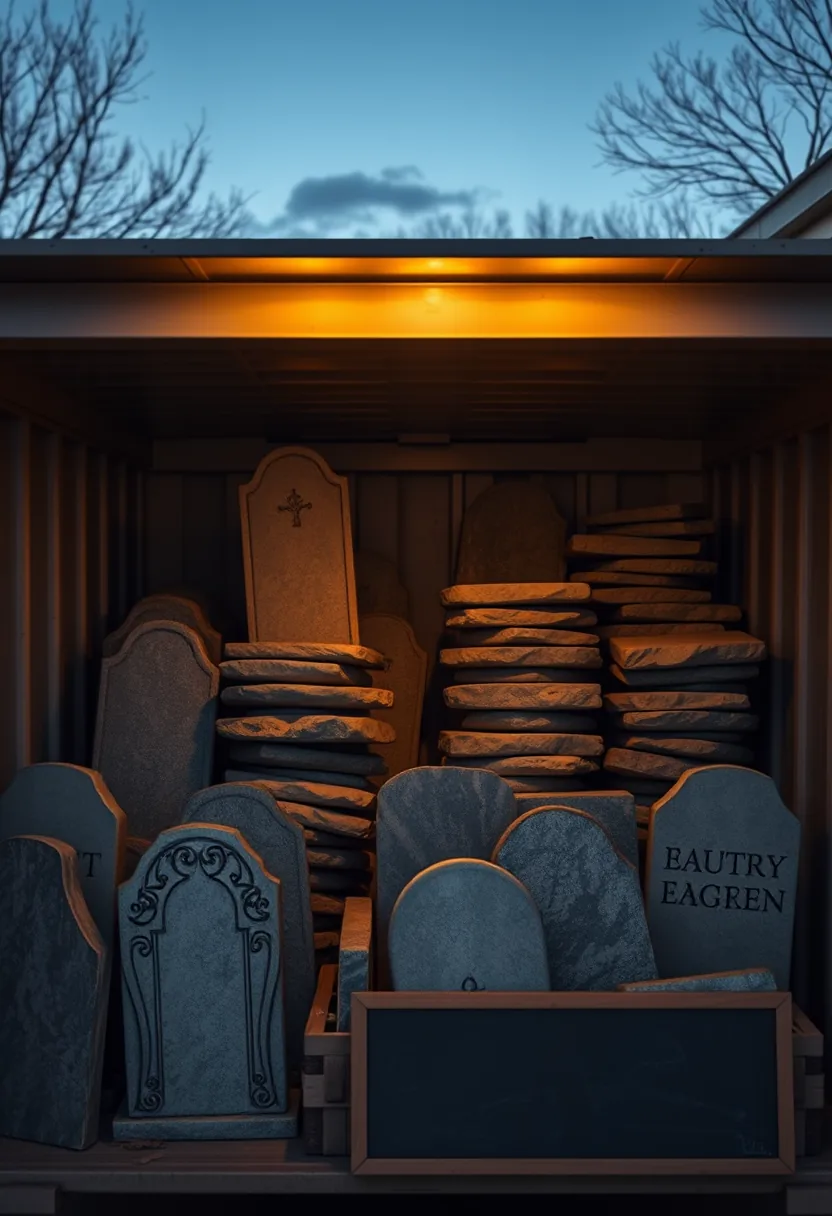 Foam tombstones stacked flat in storage for outdoor halloween graveyard tombstone decor, preventing warping