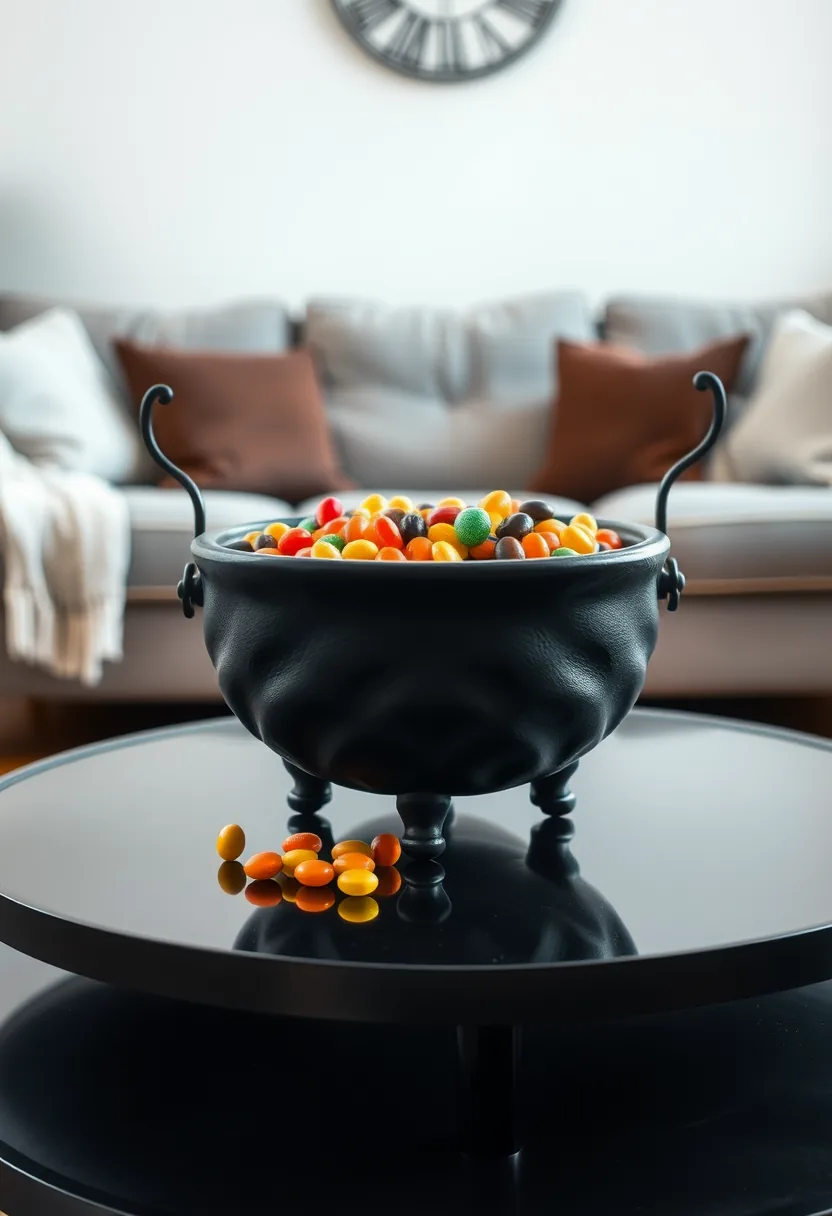 Black cauldron-shaped snack bowl filled with colorful candy on coffee table living room halloween decor