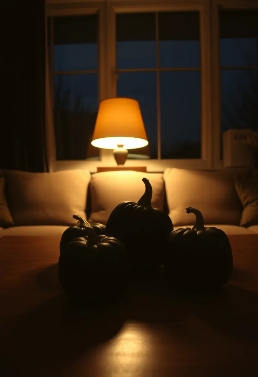 Black pumpkin trio on coffee table with living room halloween decor warm lamp and cream sofa backdrop