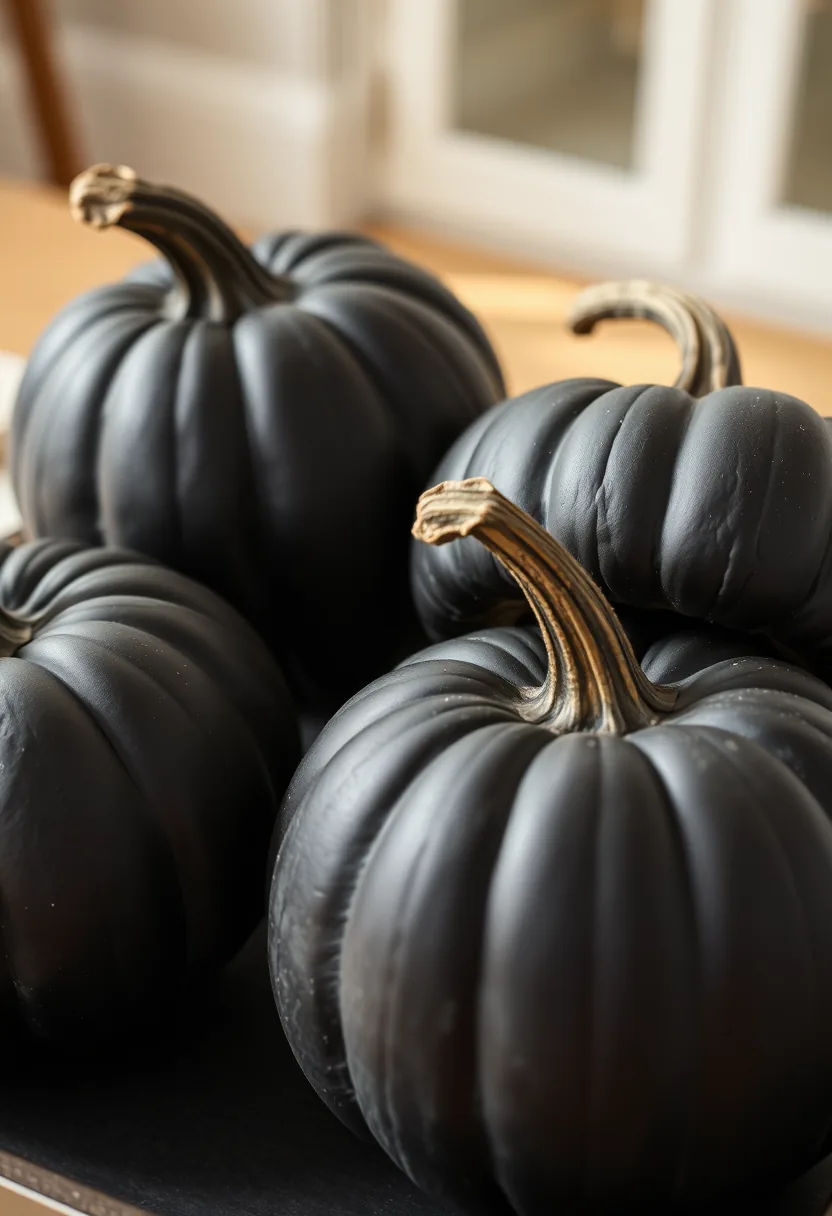 Trio of black matte pumpkins with brass stems arranged on wood coffee table for living room halloween decor