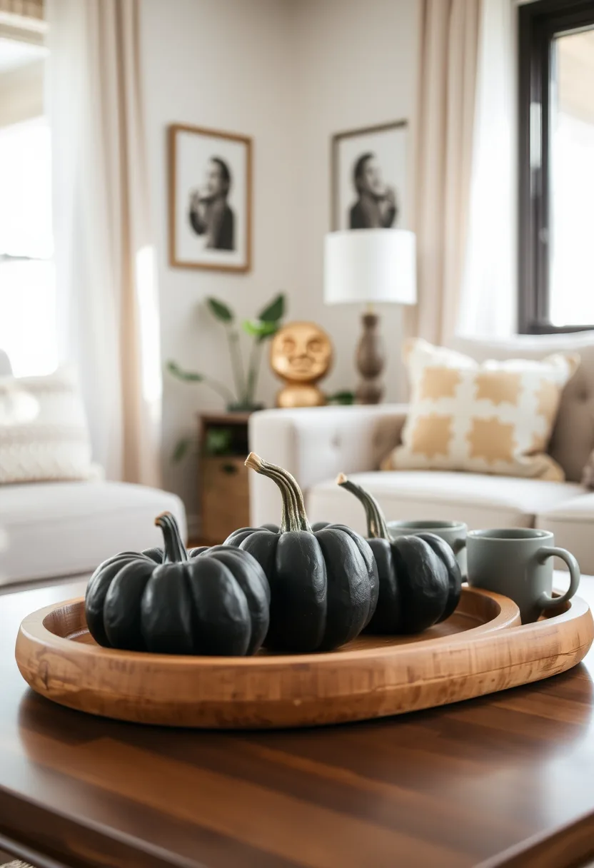Three black pumpkins with gold stems in wooden tray on living room halloween decor coffee table