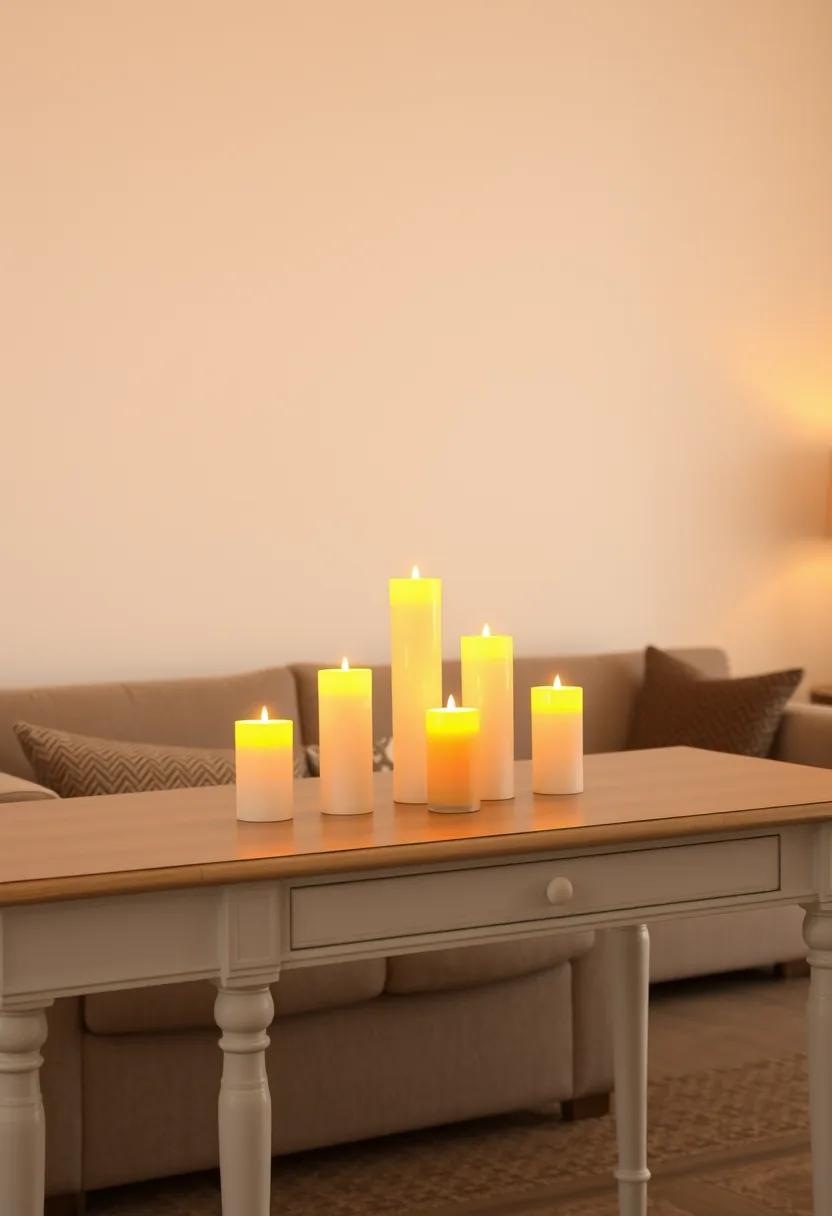 Cluster of flickering yellow candles in white holders on cream console table, living room halloween decor
