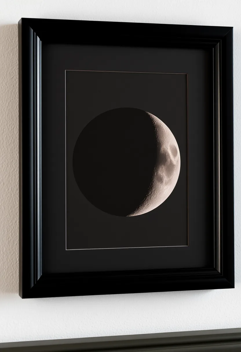 Moon phase print in black frame with cream crescent above sofa for living room halloween decor