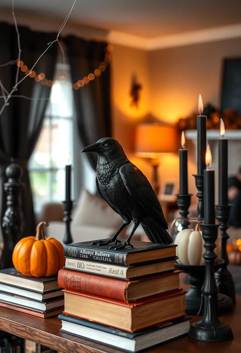 A small matte black raven figurine standing on a wooden bookshelf between stacked books