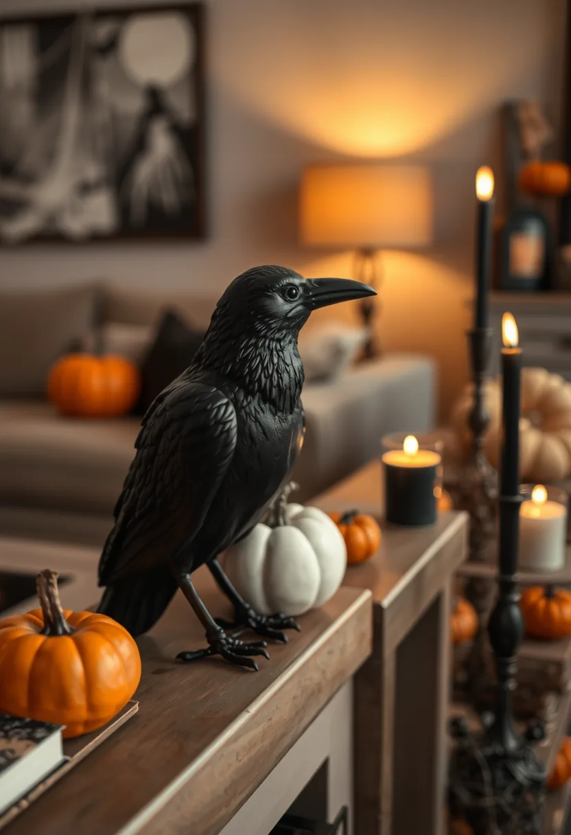 Close view of a black resin raven ornament on a bookshelf ledge beside a small white pumpkin