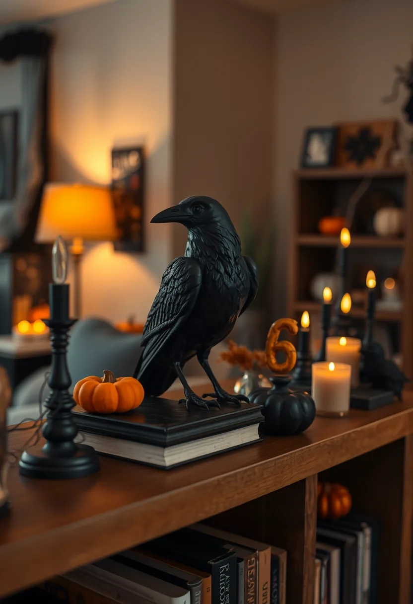 A black raven figurine on the upper shelf of a living room bookcase, warm lamp light from the side