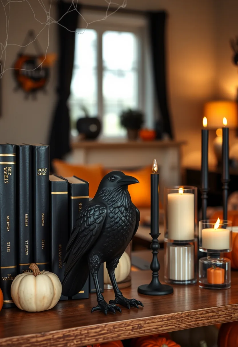 A black raven statue placed in front of a row of dark spined books on an open shelf