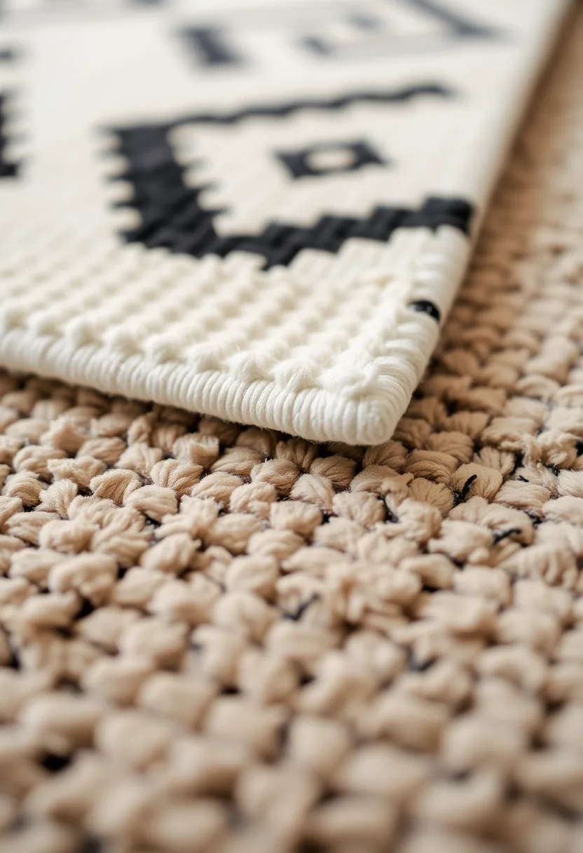 Cream rug with black bat pattern layered on beige textured rug for living room halloween decor