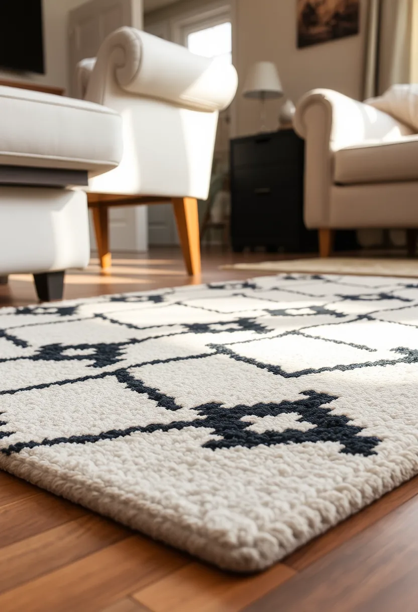 Cream and black geometric area rug layered for living room halloween decor with white upholstered seating