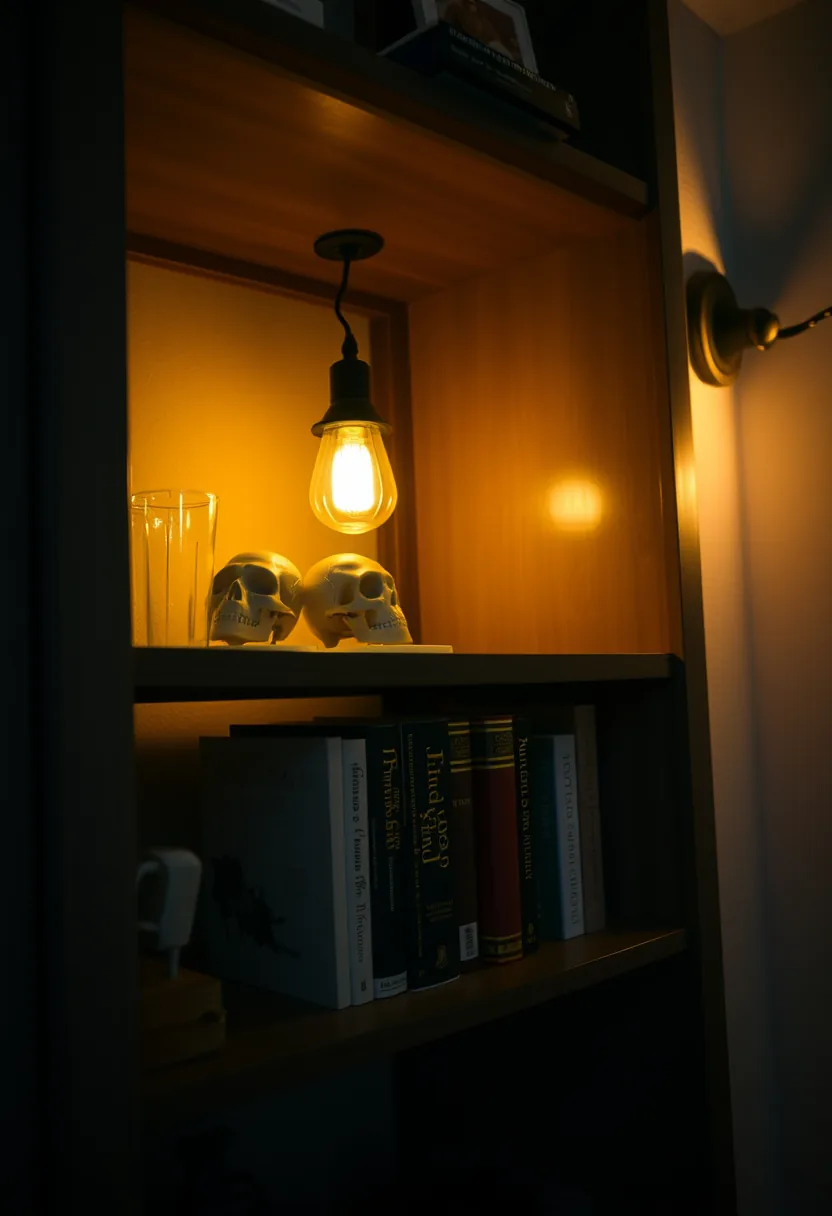 Cream skull bookends on black bookshelf with golden Edison bulb and books for living room halloween decor