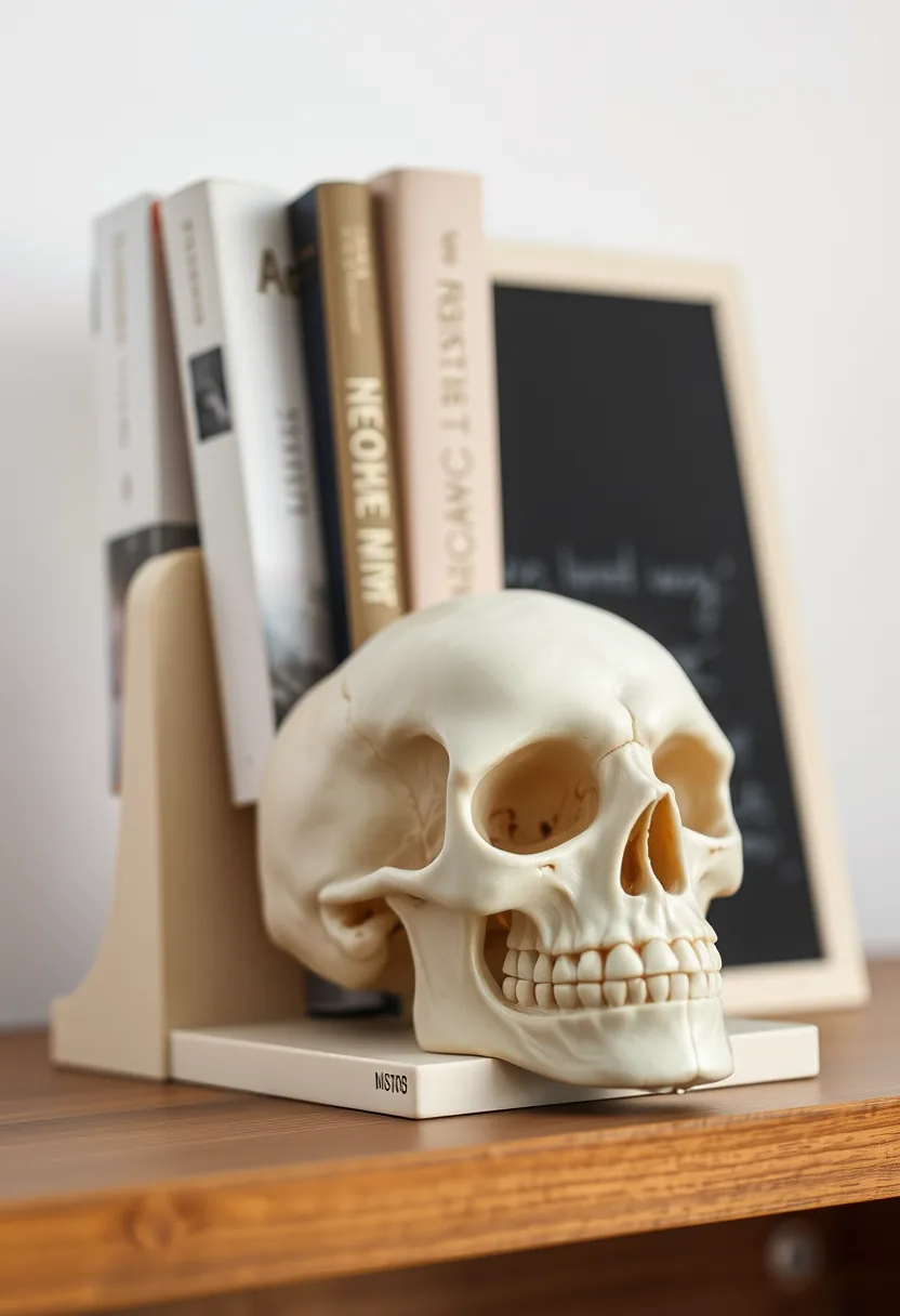 Cream skull bookend holding books on wooden shelf for living room halloween decor