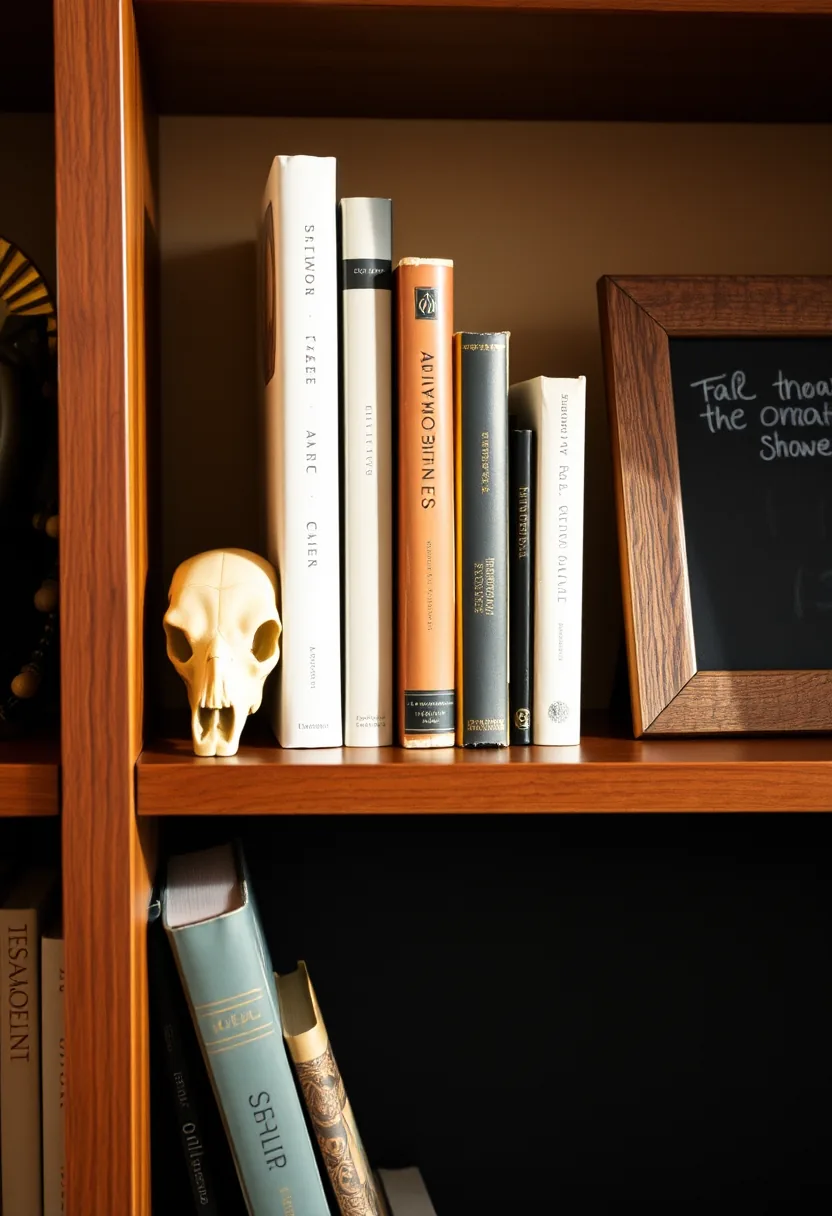 Cream skull bookend on wooden shelf holding colorful books, living room halloween decor idea