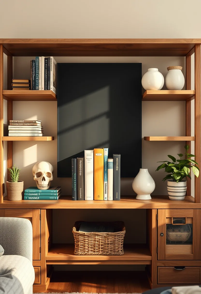 White skull bookend on wooden living room halloween decor shelf with books and ceramic vessels