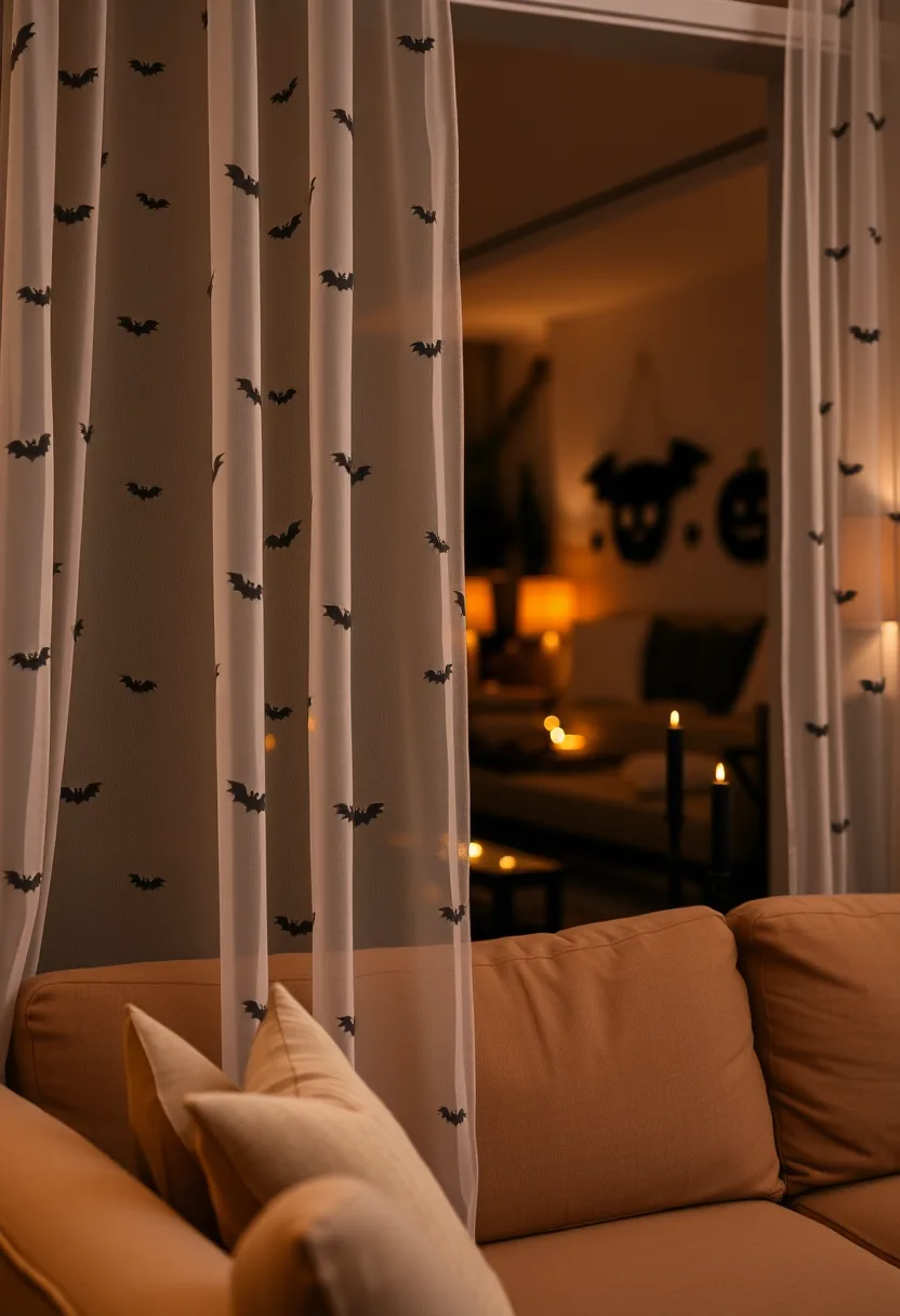 Sheer curtains with tiny black bat prints hanging beside the sofa, seen from inside the room