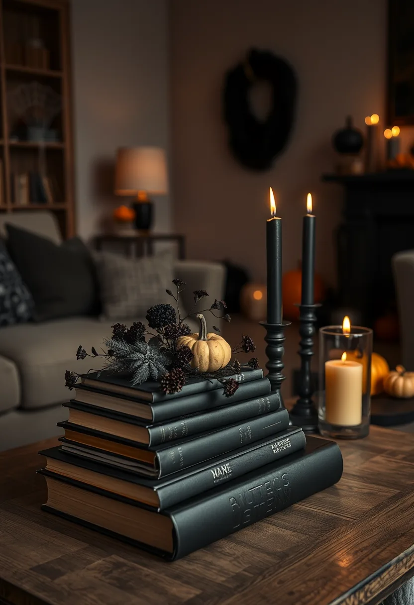 A coffee table styled with a stack of moody dark books, dried black florals and a taper candle
