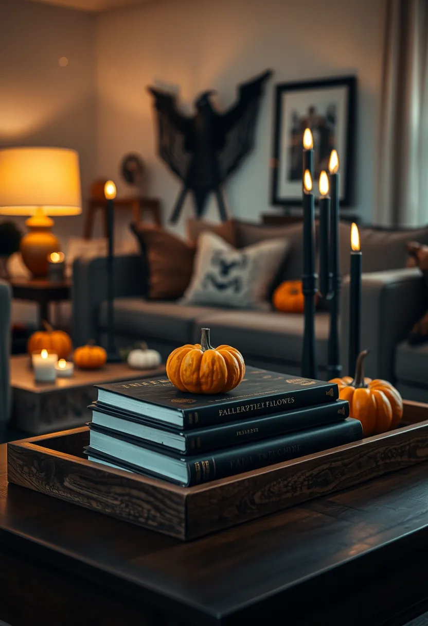 Dark books stacked on a wooden tray on the living room coffee table with a small pumpkin, warm lamp glow