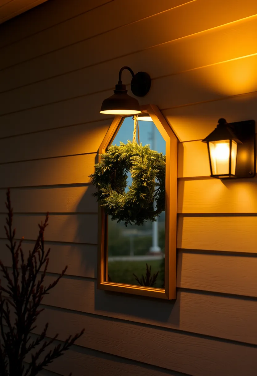 Evergreen wreath on wooden mirror frame, warm overhead lighting, dark branches for living room halloween decor