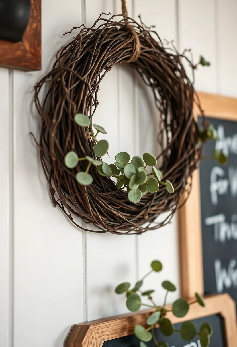 Brown twine wreath with green eucalyptus hung on white wall for living room halloween decor
