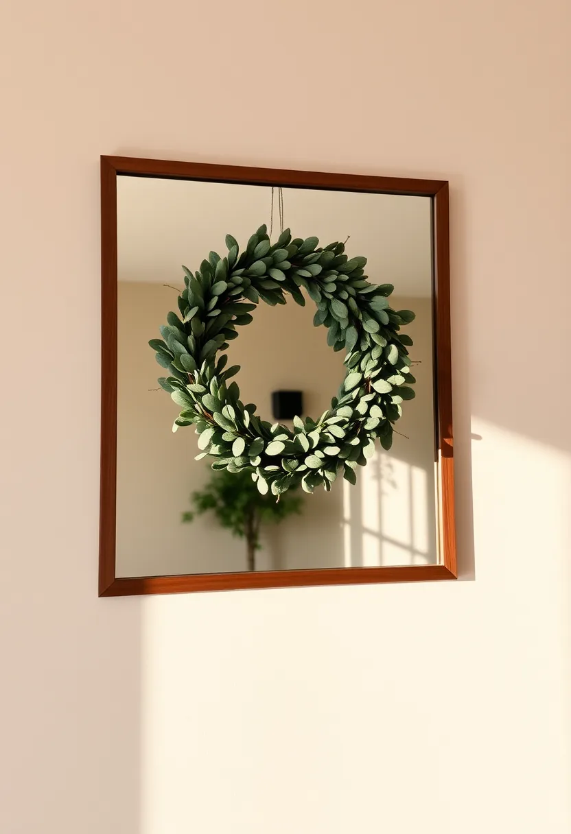 Lush green eucalyptus wreath hung on wooden-framed mirror for cozy living room halloween decor