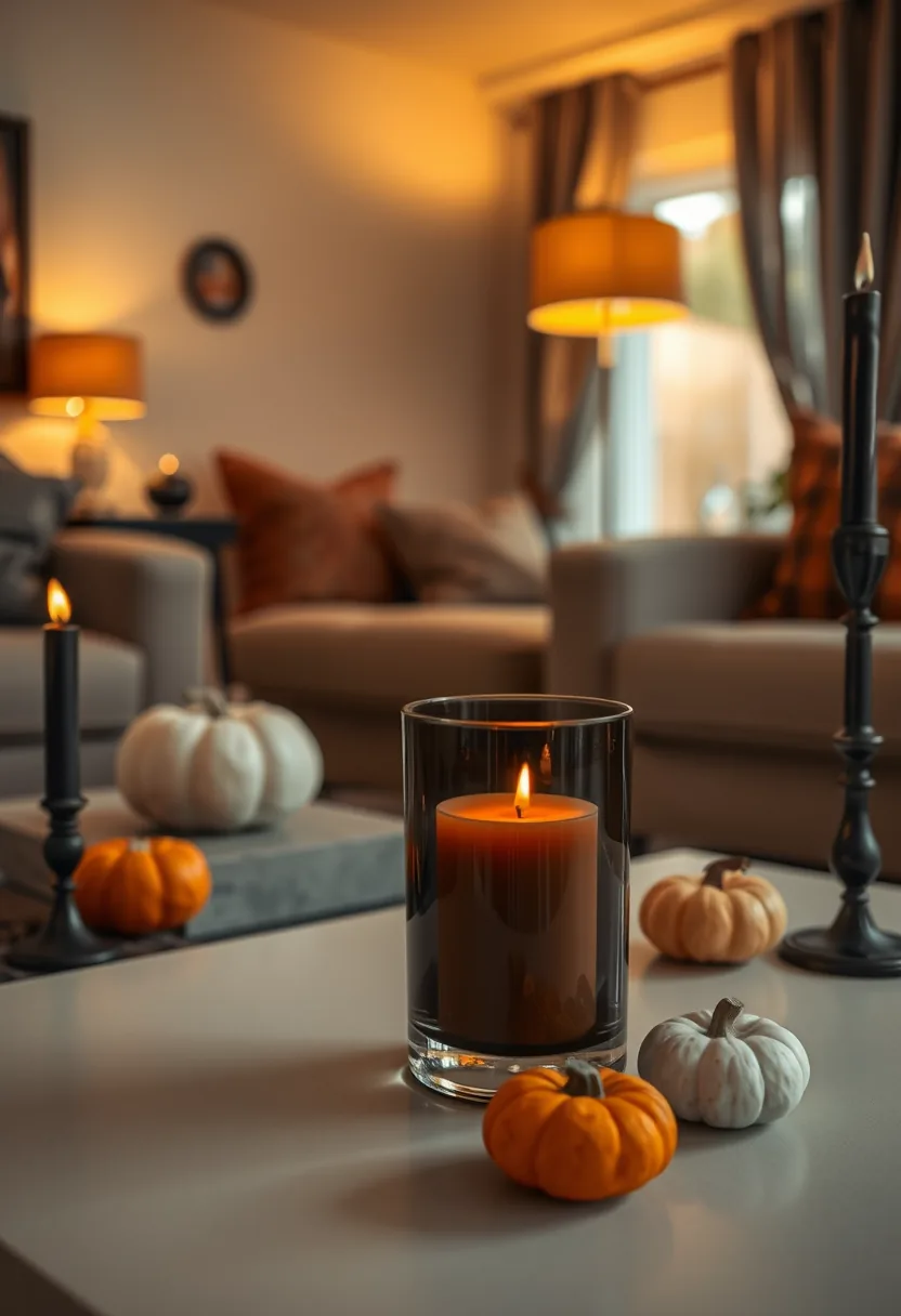 A quiet living room corner with one candle in a smoked glass holder, minimal styling around it