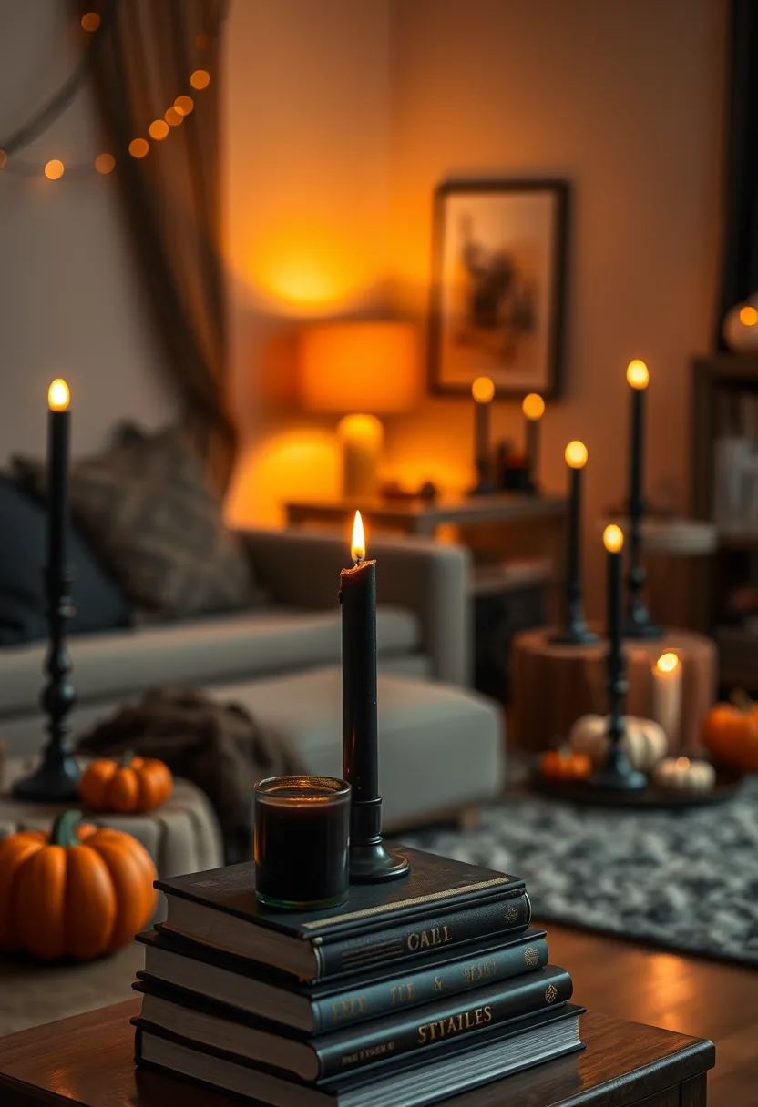 A single black candle in a dark glass holder standing on a stack of books in a bare corner, warm glow
