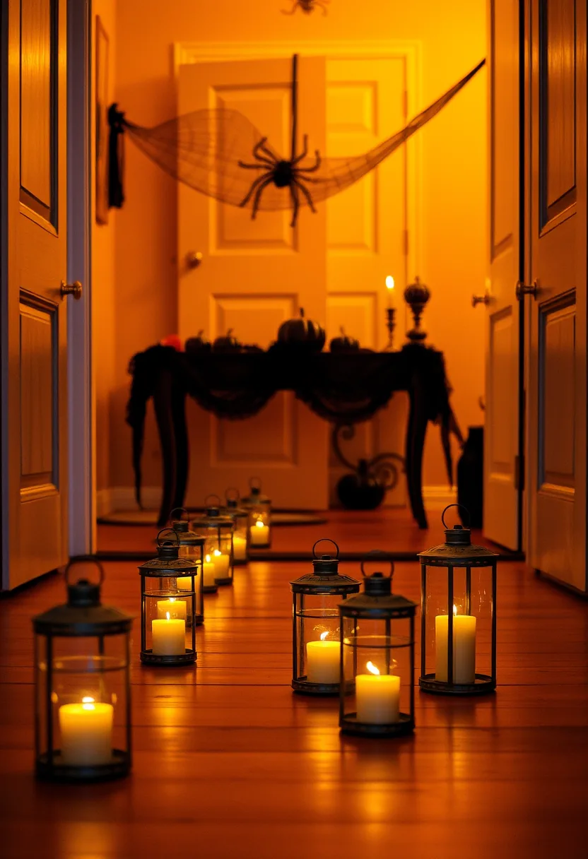 Black lanterns with candles light the walkway as halloween party decorations to help guests find the door