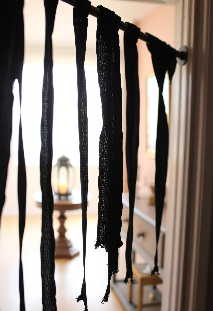 Black frayed fabric strips across doorway, halloween party decorations guests walk through without ducking
