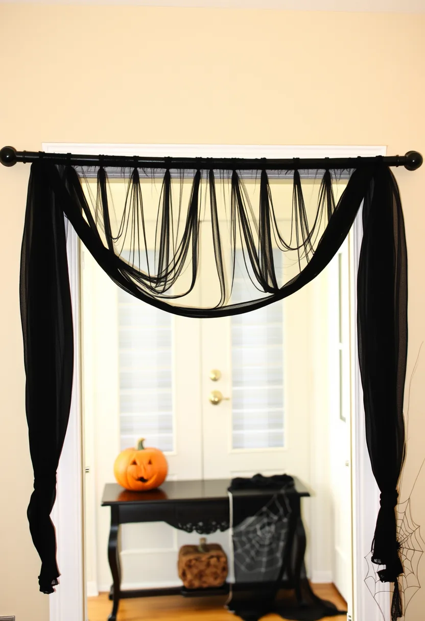 Black layered sheer curtain above doorway halloween party decorations, table with carved pumpkin decoration