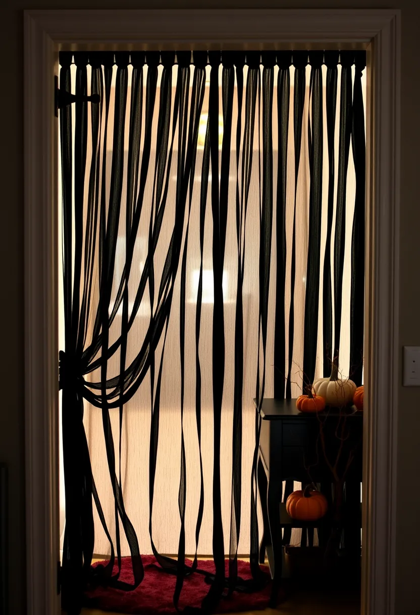 Black and white streamers halloween party decorations in doorway guests walk through without ducking