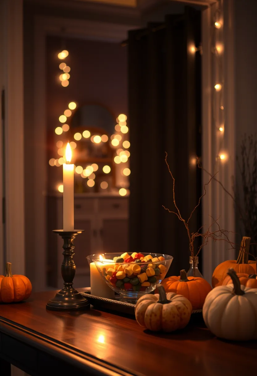 Small entry table with halloween party decorations: orange pumpkins, colorful candy bowl, candle, and branches