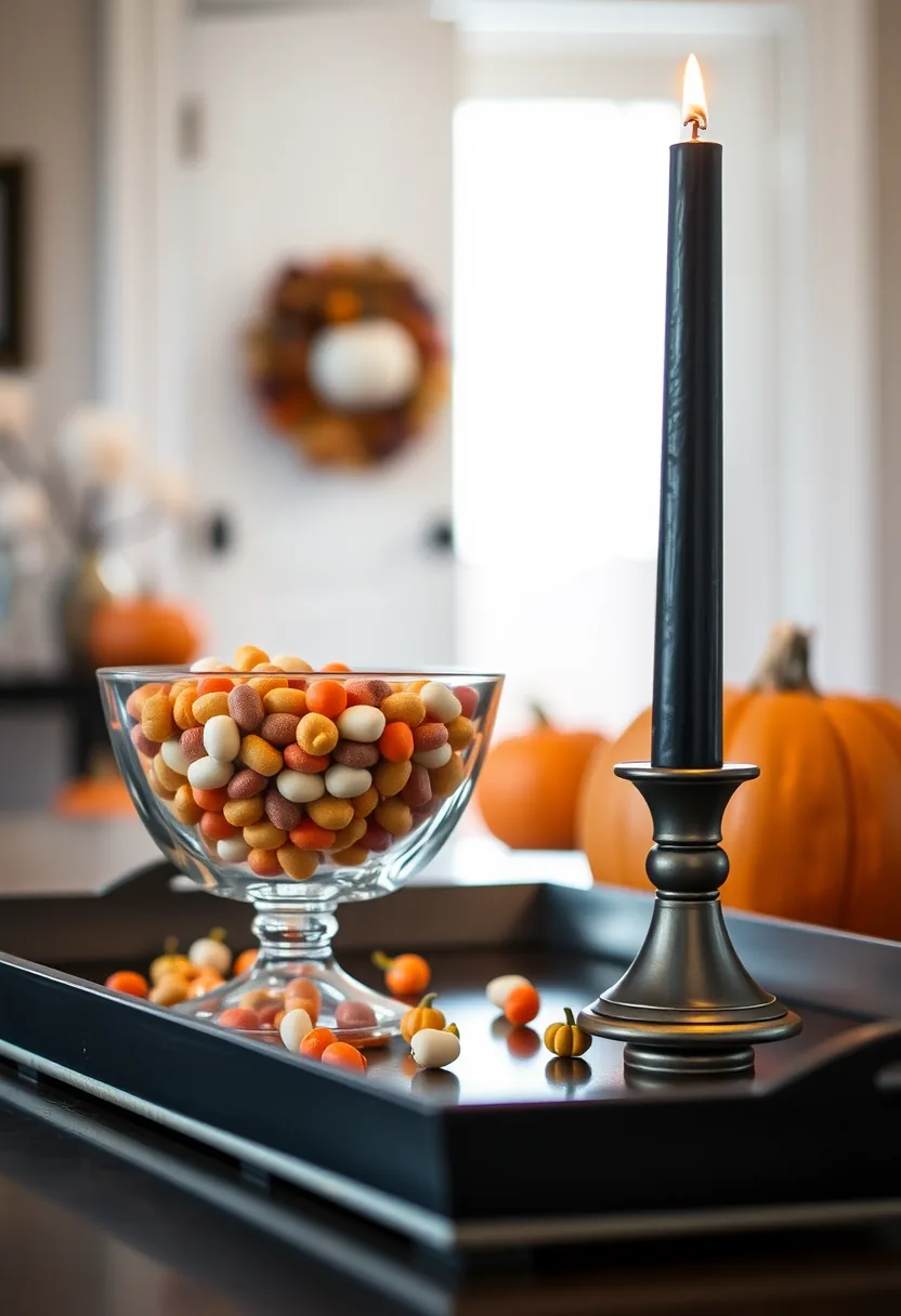 Candy bowl and black candle styling an entry table with pumpkins, Halloween party decorations on dark tray