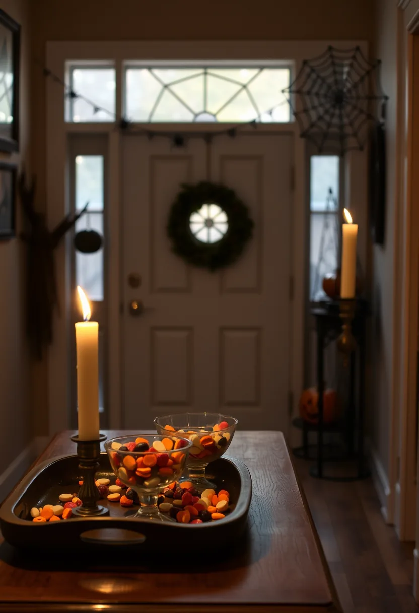 Halloween party decorations on entry table with orange candy bowls, lit candles, and tray for keys and bags