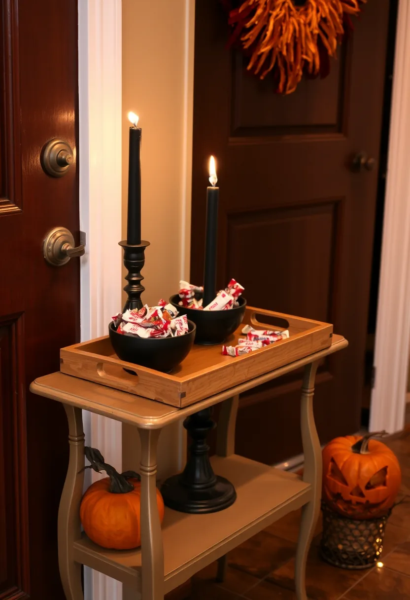 Wooden entry table with black candles, candy bowls, and orange pumpkins for halloween party decorations