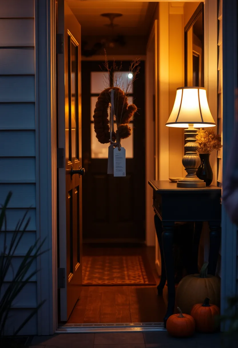 Warm-lit entryway with a hand-lettered tag, console lamp and pumpkins marking the coat drop for halloween party decorations