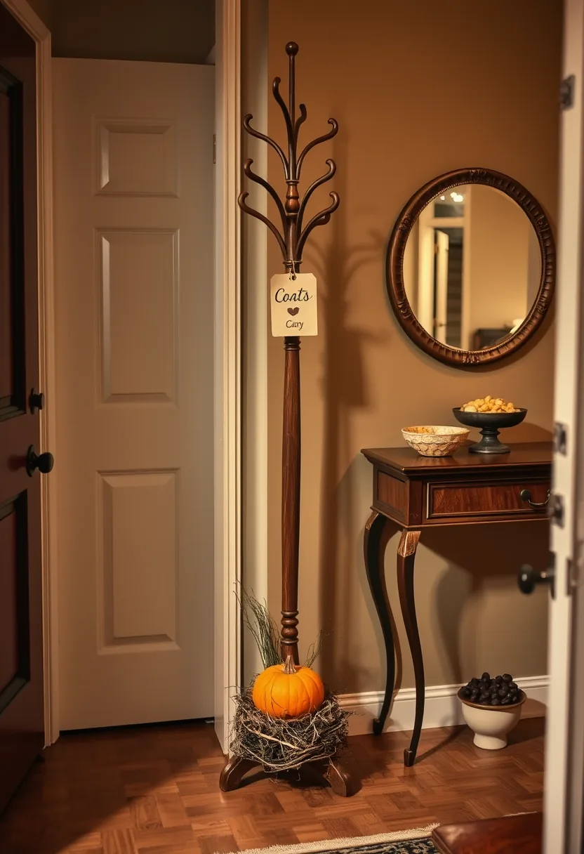 Black branch coat rack with Coats & Carry sign and pumpkin straw base for halloween party decorations entryway