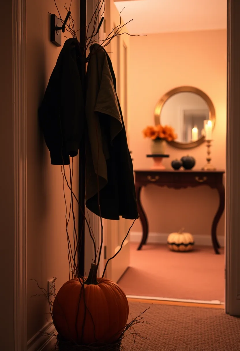 Dark coats on coat rack with dead branches and pumpkin halloween party decorations in warm-lit entryway