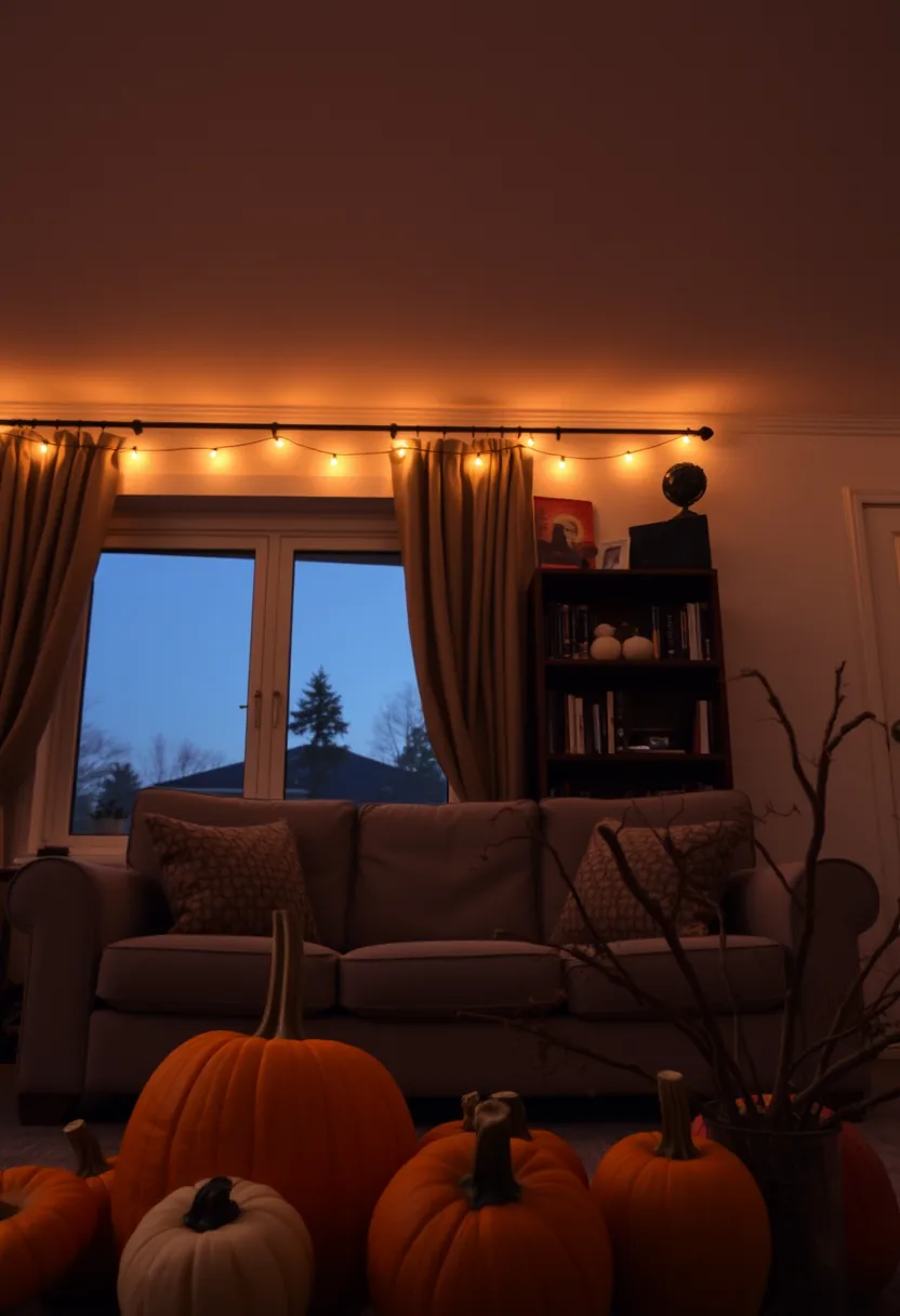 Bistro lights strung along ceiling for halloween party decorations, warm glow above sofa with pumpkins