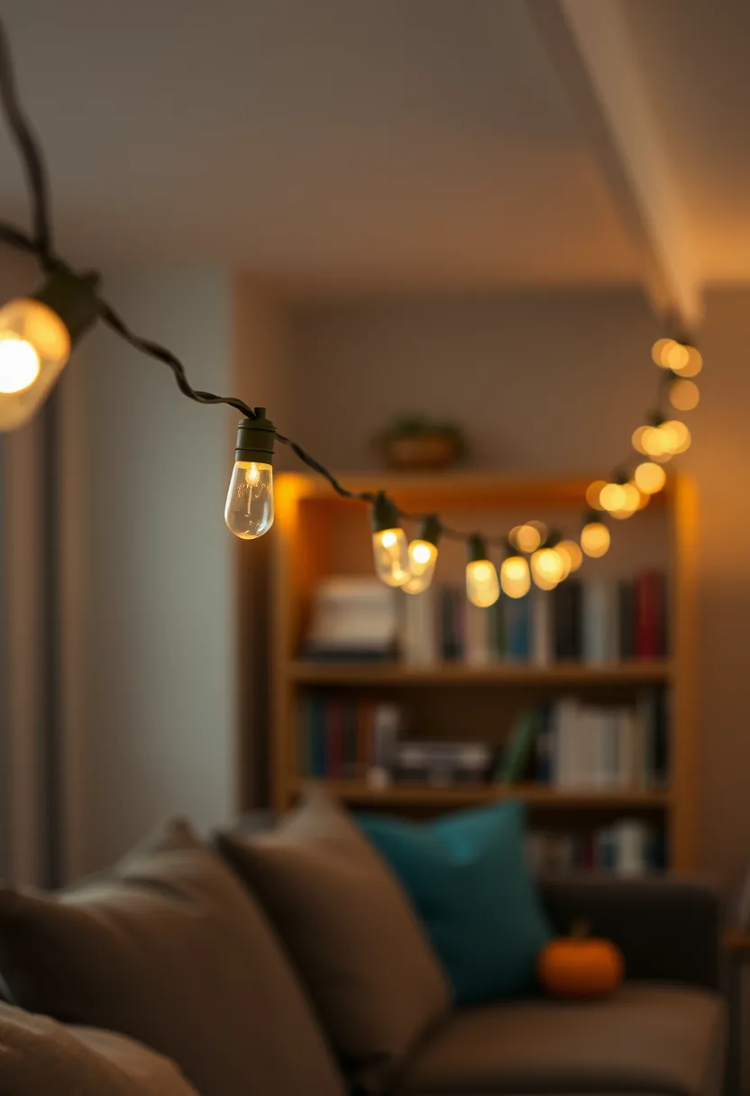Bistro lights running ceiling line for halloween party decorations, warm glow above couch and bookshelf