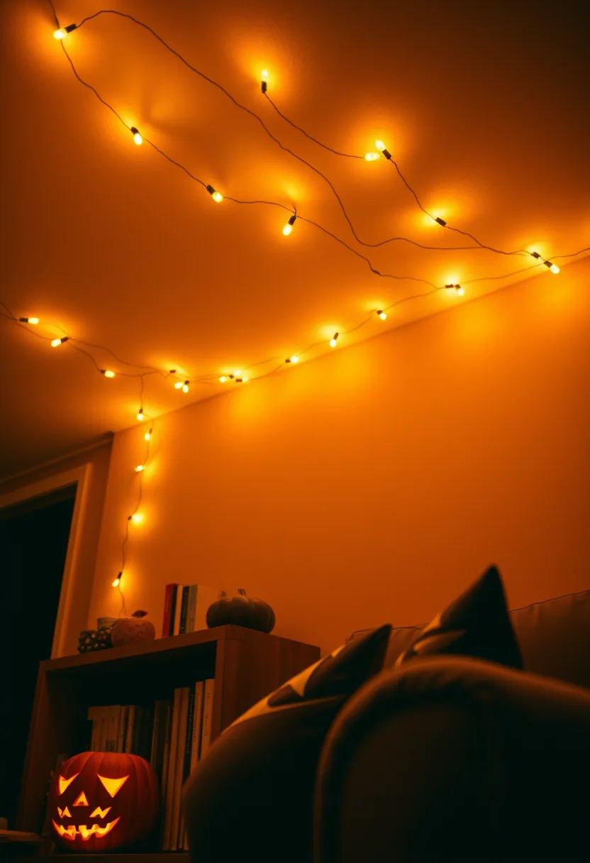 Bistro string lights arranged along ceiling line as halloween party decorations with warm glow in orange room