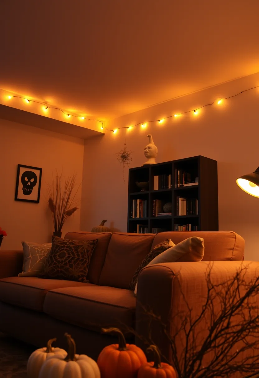 Bistro lights framing ceiling halloween party decorations white pumpkins skull art warm sofa ambient glow cozy