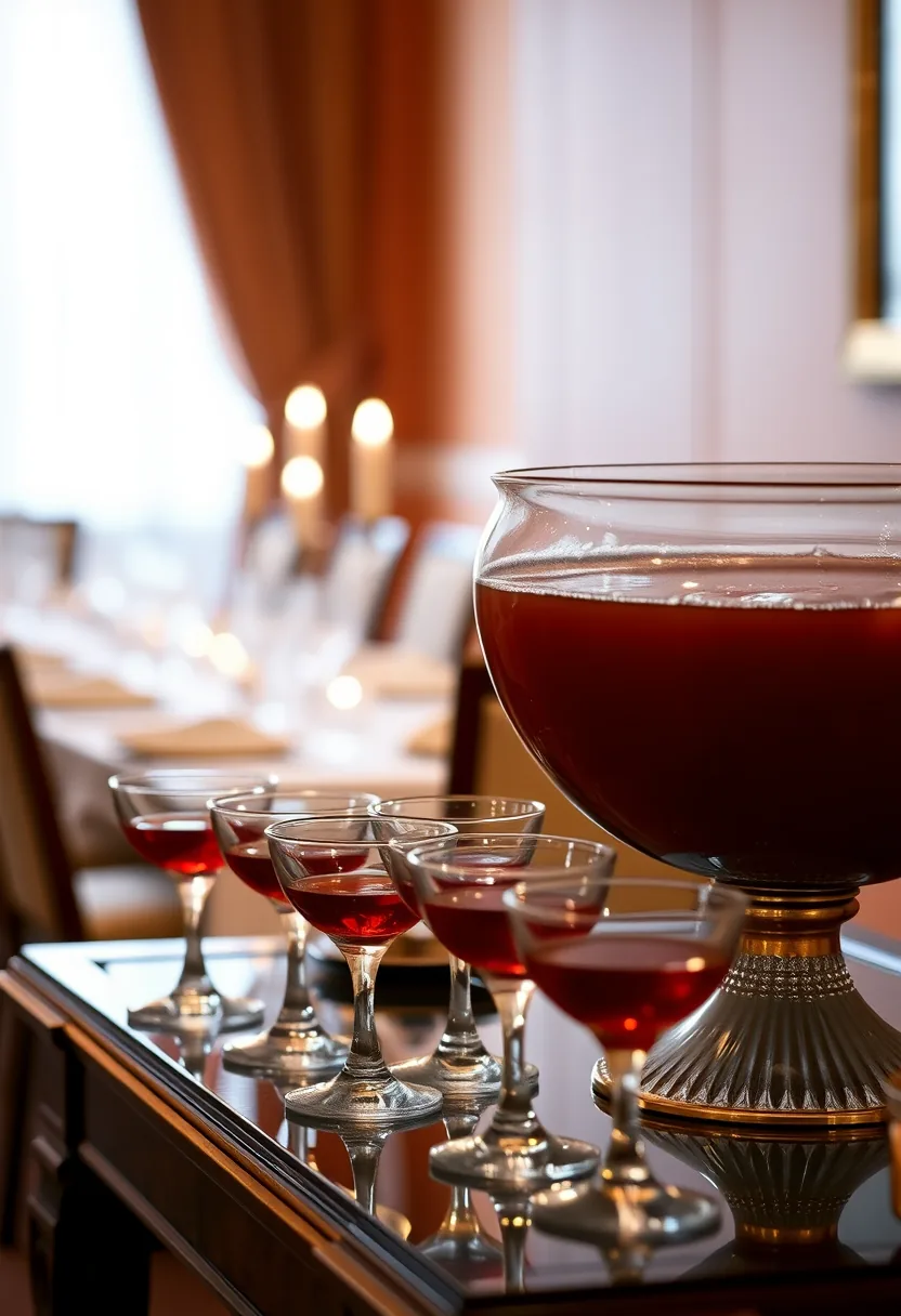 Wine-red punch served separately from dining, candles visible, halloween party decorations traffic flow