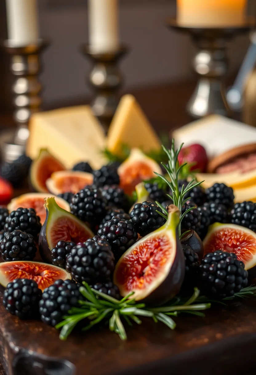 Halloween party decorations charcuterie board with blackberries, figs, cheese, rosemary on dark wooden slab