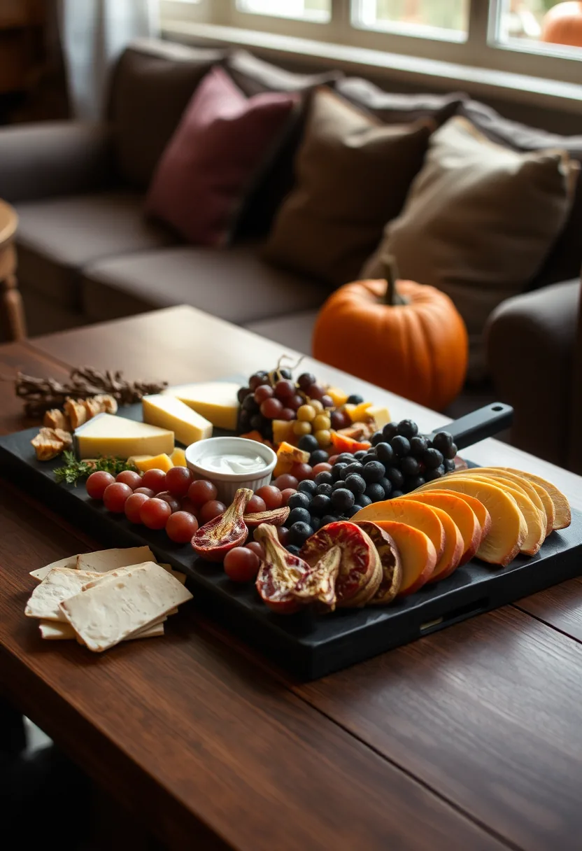 Halloween party decorations charcuterie board on dark wooden slab with cheese, grapes, pomegranate, citrus