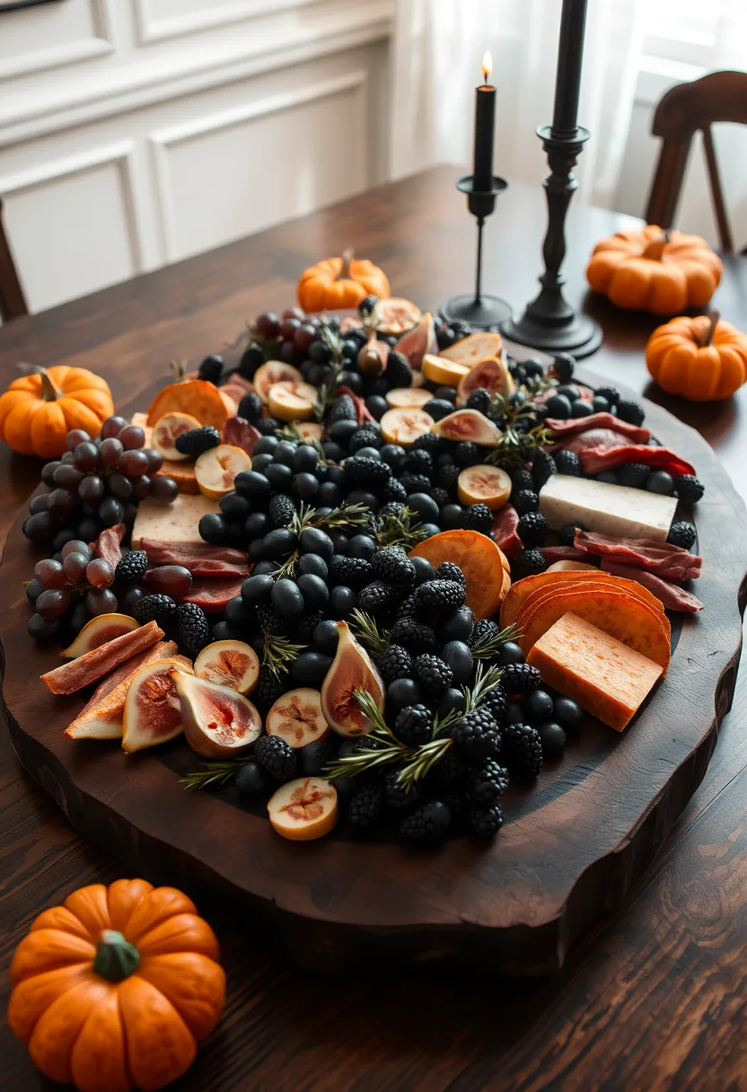 Halloween party charcuterie board on dark wooden slab with berries, cheese, cured meats, and pumpkins