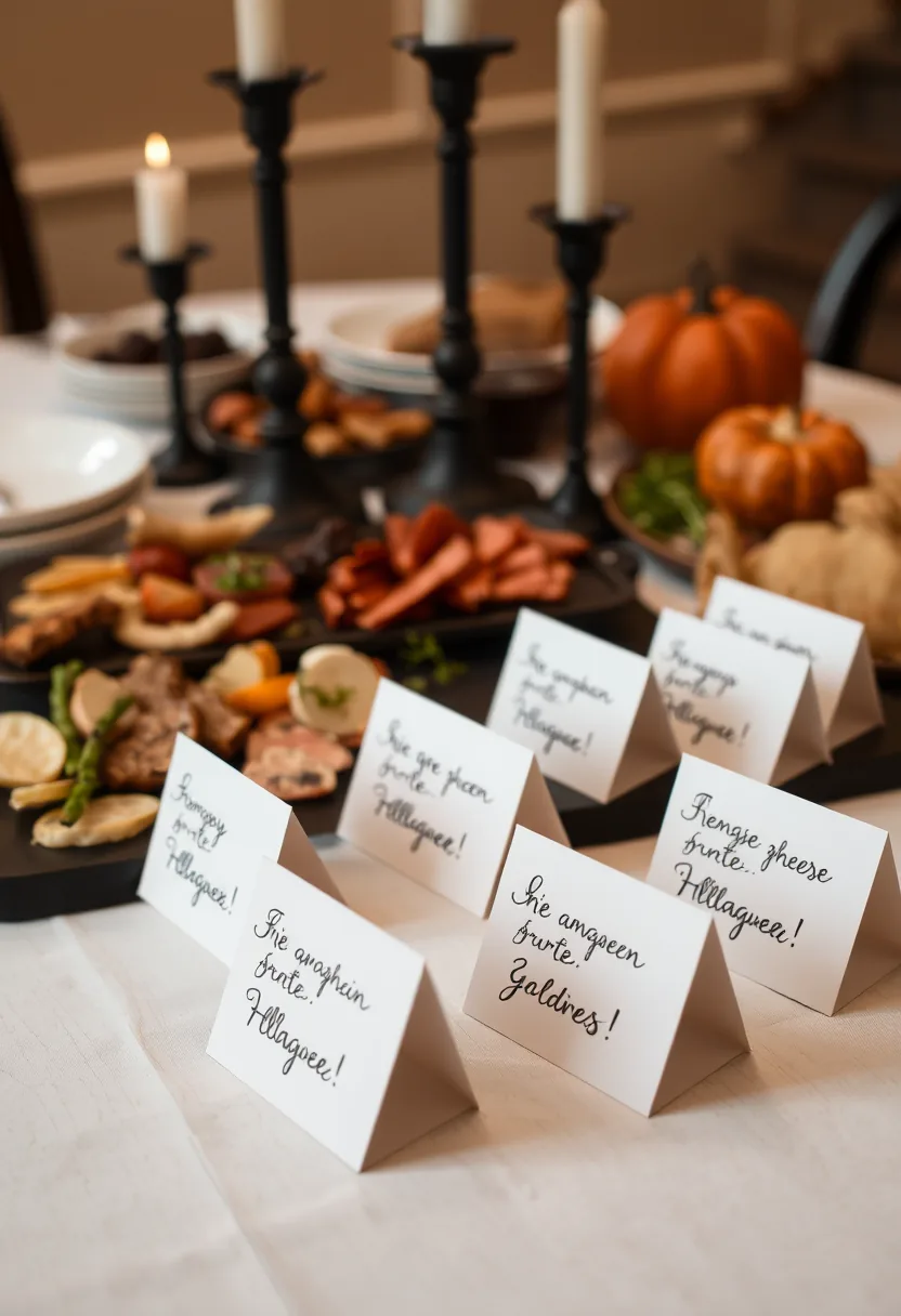 Handwritten white tent cards tag halloween party decorations table dishes with black candlesticks and fall food