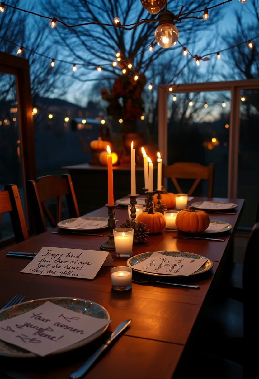 Handwritten cards on plates tag place settings at halloween party decorations table with candles and pumpkins