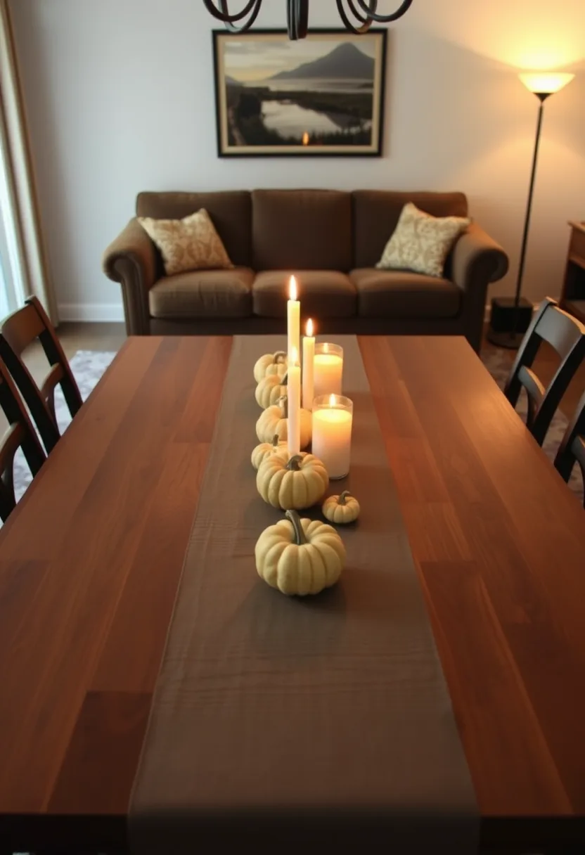 White pumpkins and candles centered dining table halloween party decorations anchoring serving space