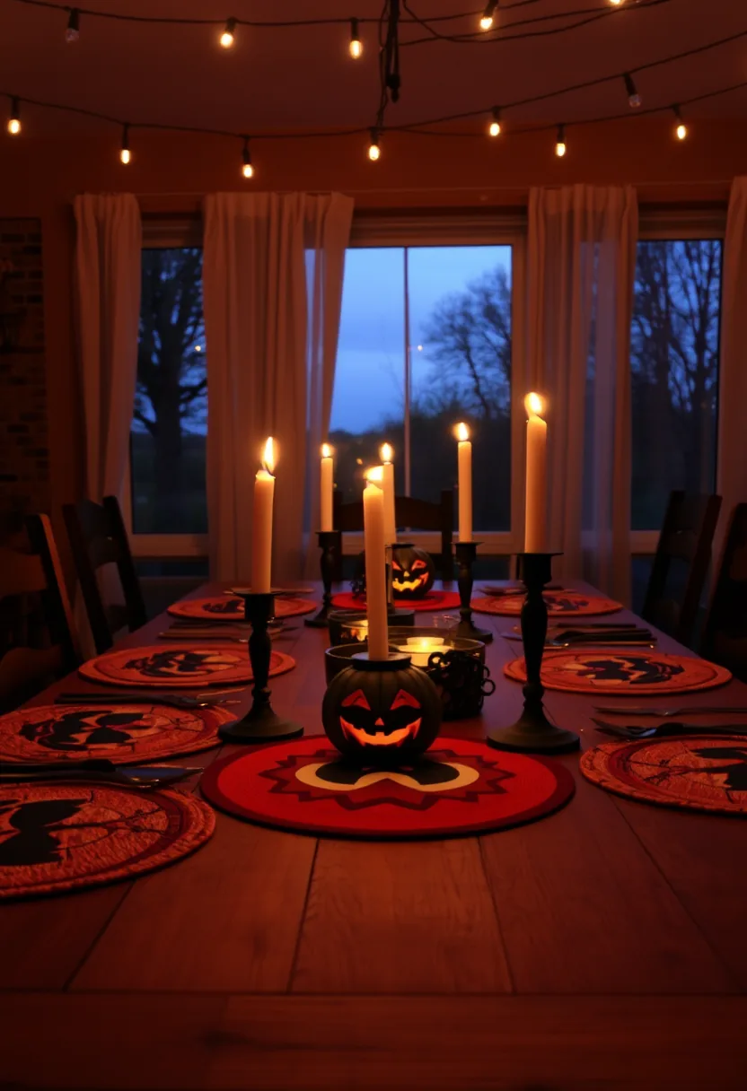 Red wipe-clean halloween party decorations placemats with spiders, pumpkins on dining table with candles